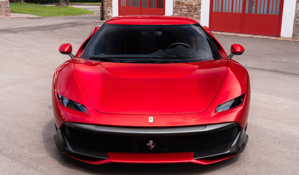 Красный стильный автомобиль Ferrari SP38, 2018 вид спереди