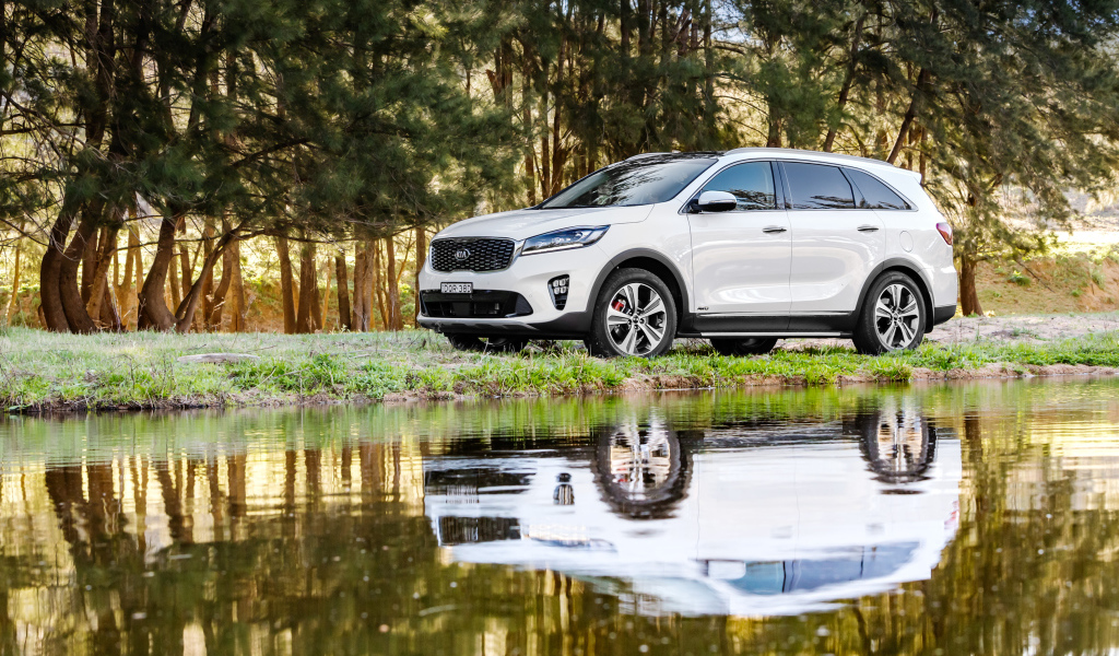 Белый внедорожник Kia Sorento у воды