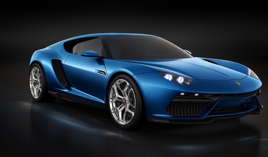 Синий автомобиль Lamborghini Asterion на черном фоне