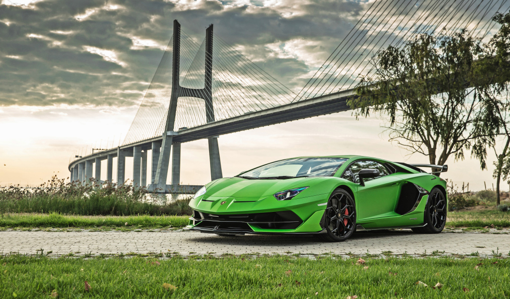 Зеленый дорогой автомобиль Lamborghini Aventador SVJ 2018 года на фоне моста