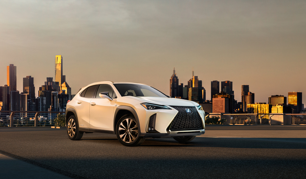 Белый внедорожник Lexus UX, 2019 на фоне города