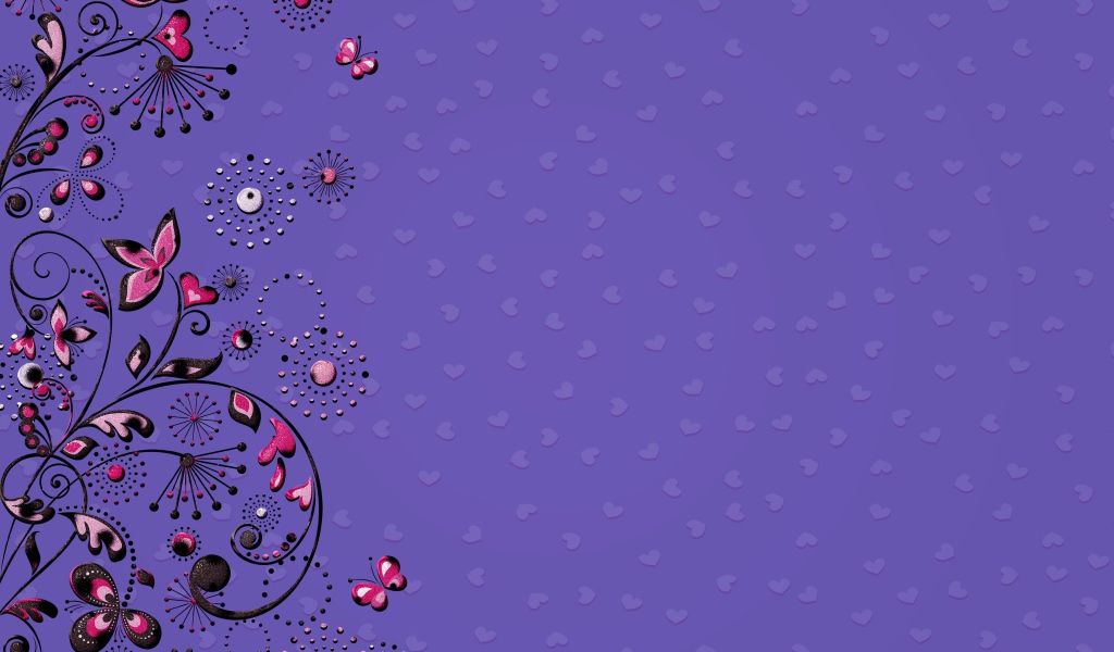 Узоры с бабочками и сердечками на фиолетовом фоне