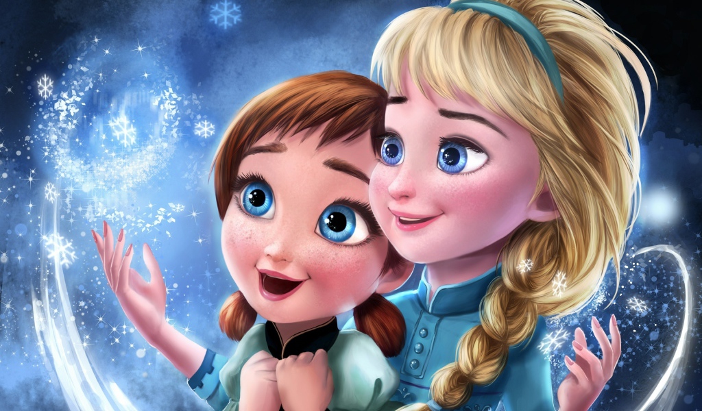 Маленькие Анна и Эльза ловят снежинки