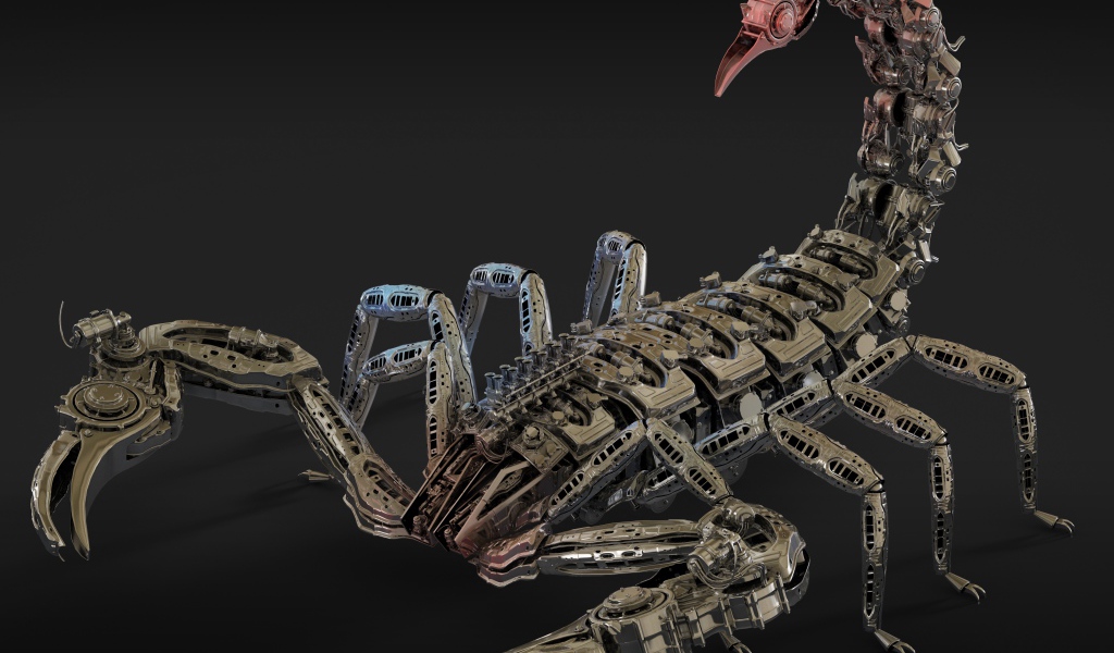 Металлический робот скорпион на сером фоне