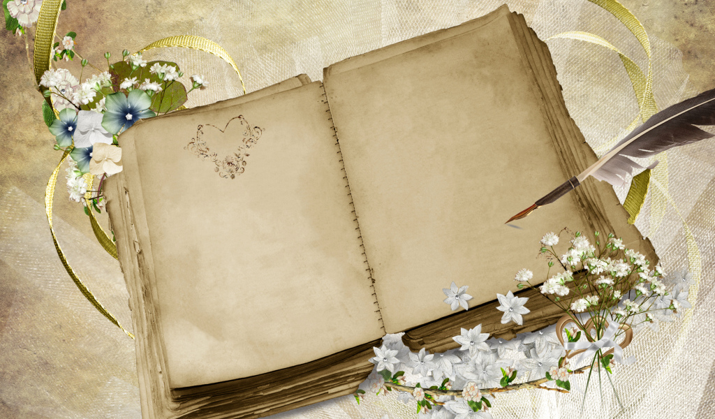 Старая книга с пером и цветами, шаблон для поздравительной открытки