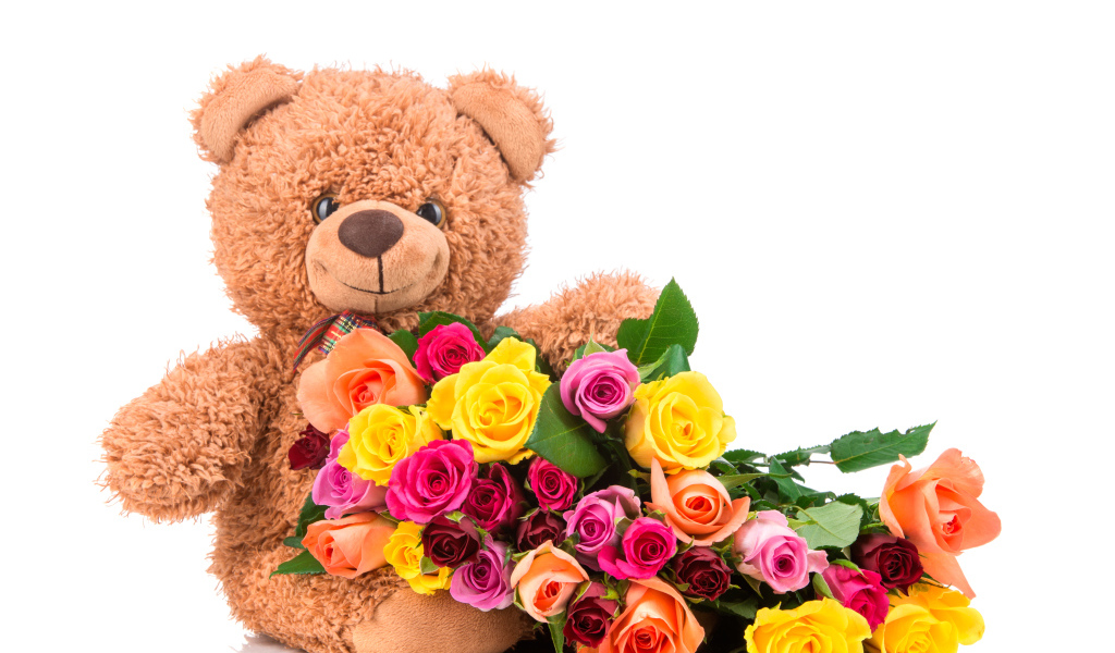 Плюшевый медведь с букетом разноцветных роз на белом фоне