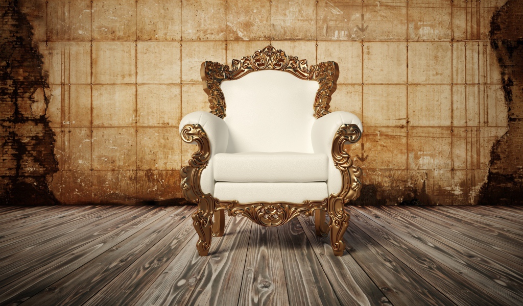 Белое новое кожаное кресло на деревянном полу у старой стены