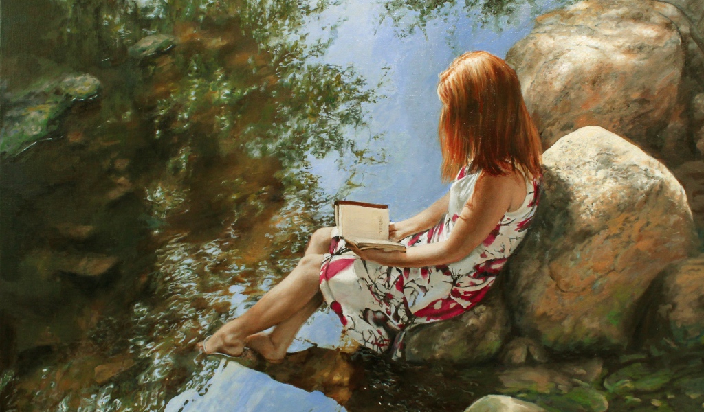 Нарисованная девушка с книгой сидит на камне у воды