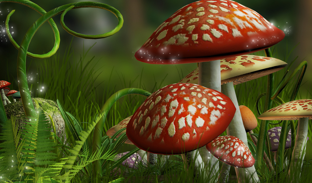 Нарисованные фантастические грибы мухоморы