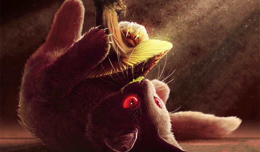 Нарисованный котенок с грибом 