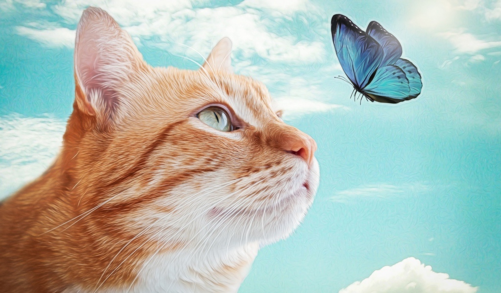 Нарисованный рыжий кот с голубой бабочкой 