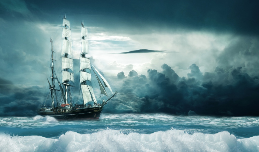 Нарисованный корабль в бушующем море 