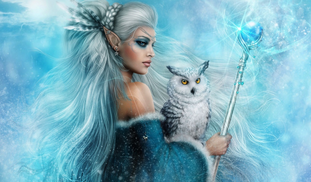 Женщина-эльф с белой совой и скипетром в руках, фэнтези