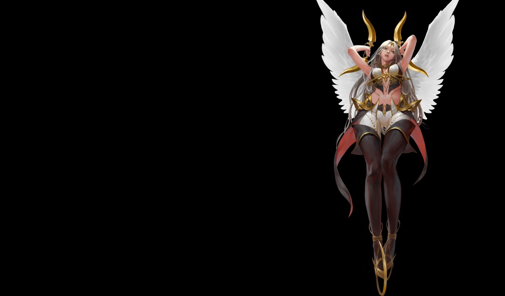 Девушка Ангельский Воин на черном фоне фэнтези
