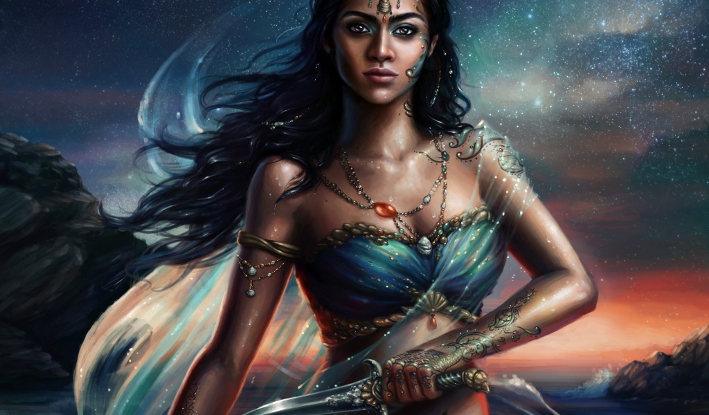 Красивая девушка воин с кинжалом в руках, фэнтези