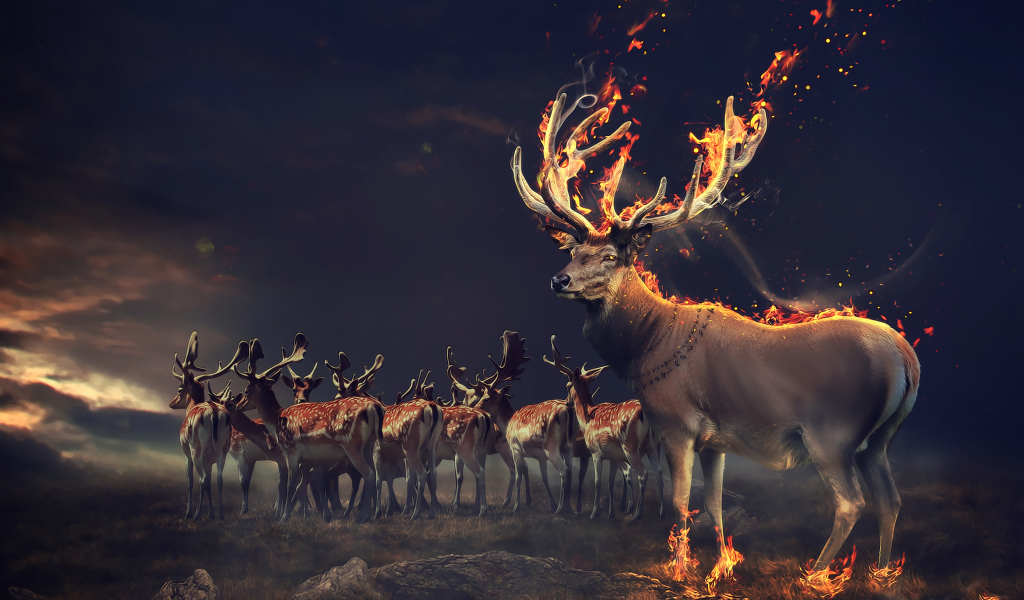 Фантастический олень с огненными рогами и копытами