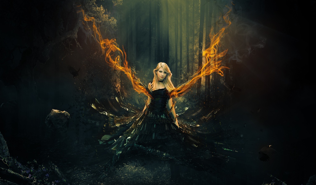 Фантастическая девушка в черном платье с огненными крыльями