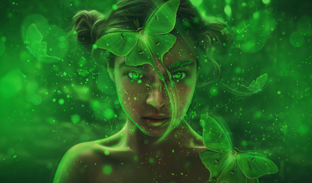 Фантастическая девочка с зелеными бабочками