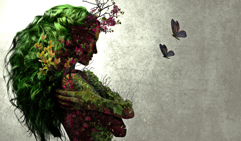 Фантастическая девушка с растениями и бабочками