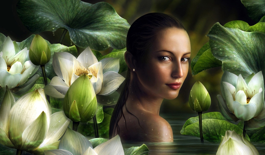 Девушка фэнтези на фоне белых цветов лотоса