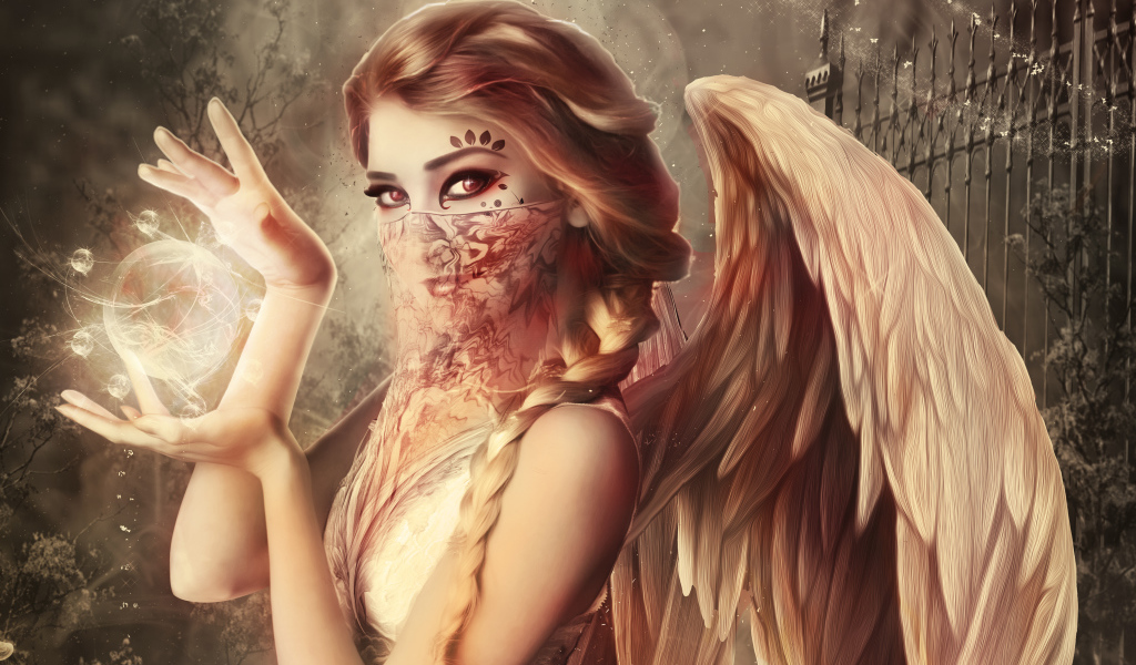 Девушка ангел со сферой в руках, фэнтези