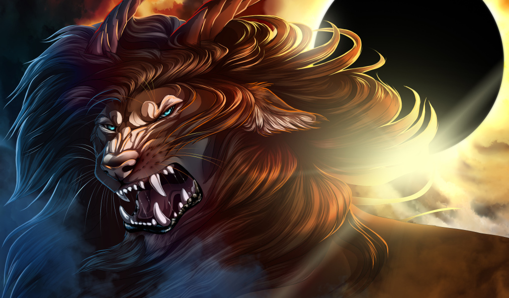 Грозный лев с рогами на фоне черной луны, фэнтези