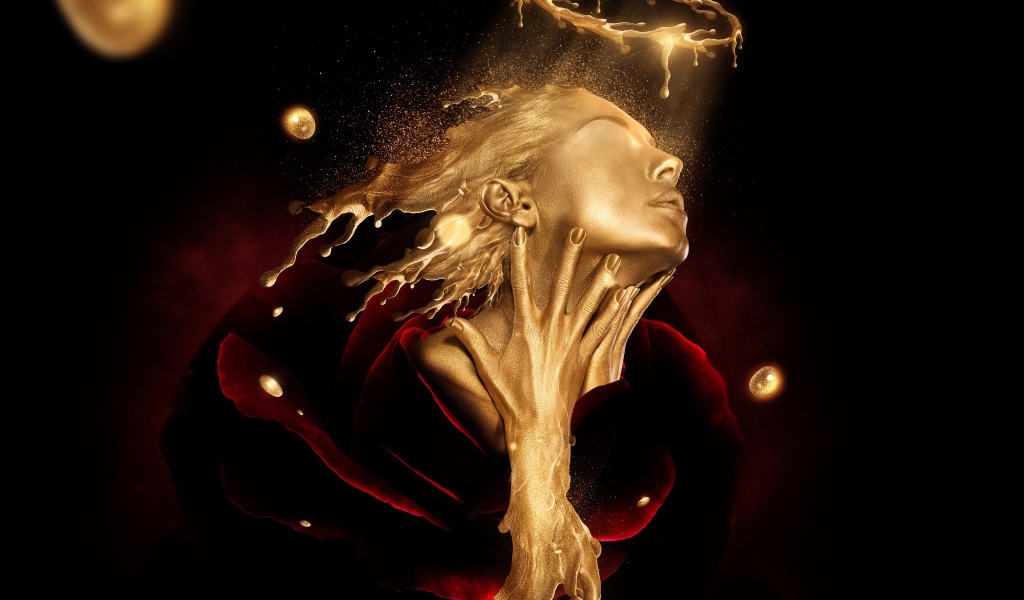 Лицо девушки из золота в красной розе, фэнтези