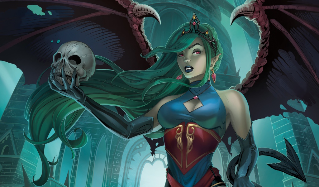 Девушка вампир с черепом в руке, фэнтези