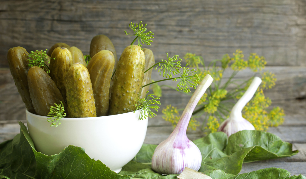 Соленые огурцы на столе с чесноком и укропом