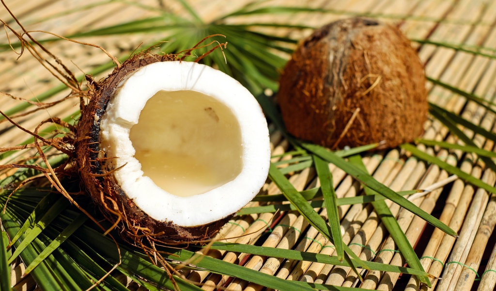 Разбитый кокос лежит на зеленых пальмовых листьях