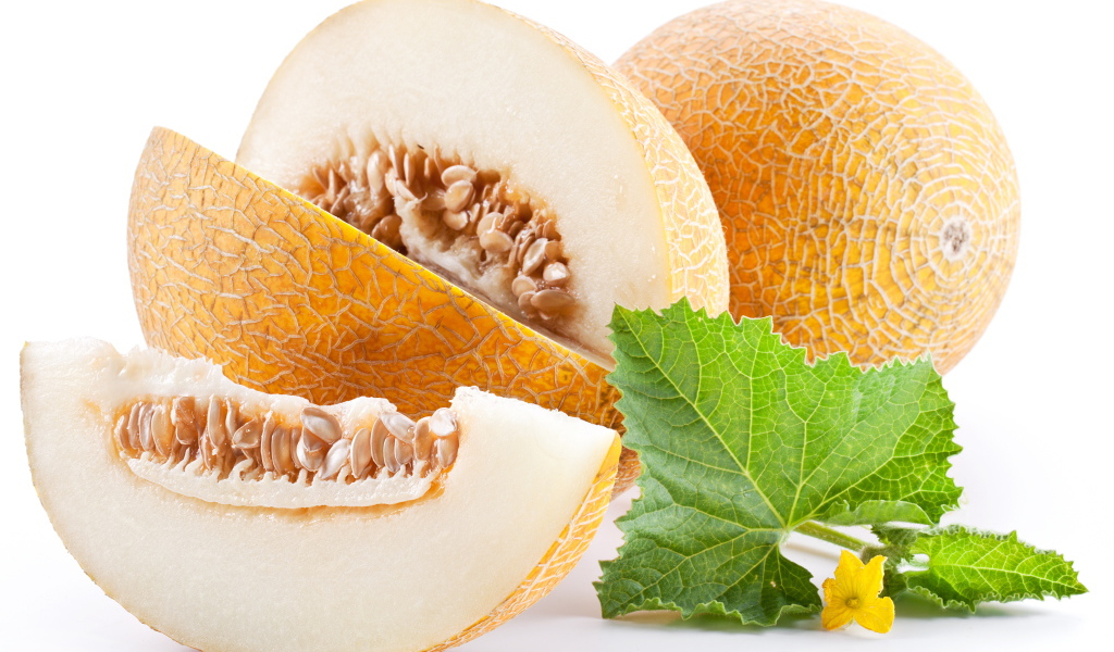 Спелая желтая дыня на белом фоне