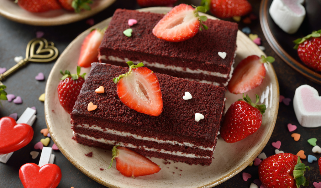 Пирожное с ягодами клубники на столе 