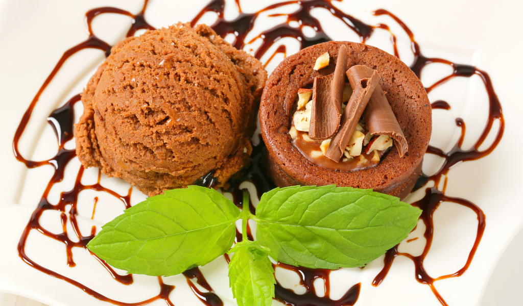 Шоколадное мороженое с кексом на тарелке