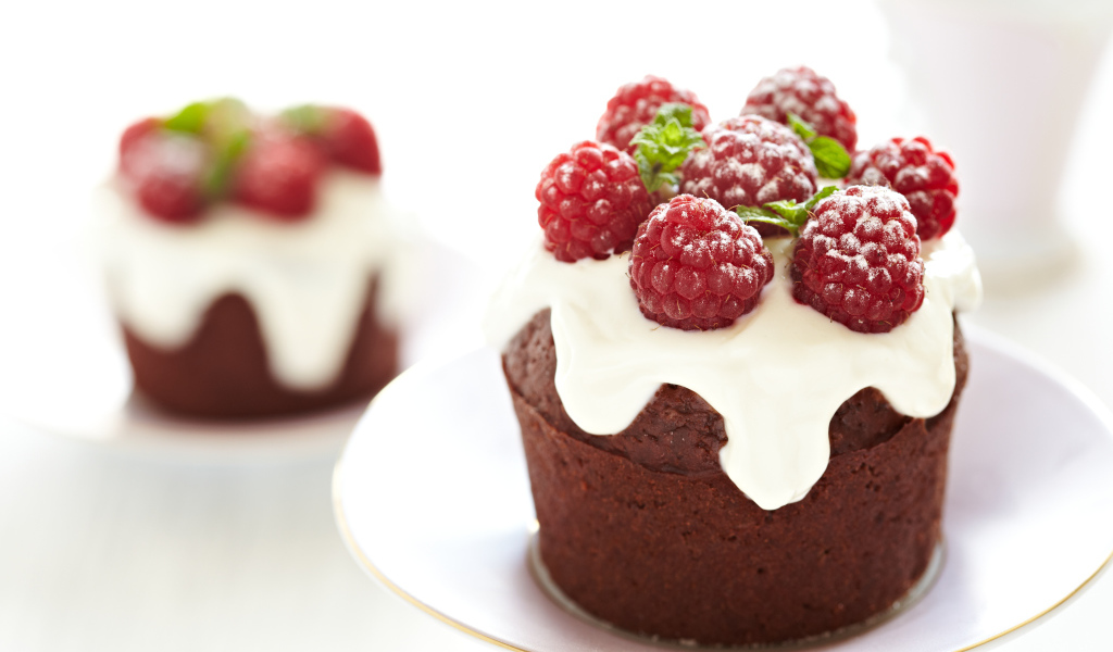 Кекс с кремом и ягодами малины на белой тарелке