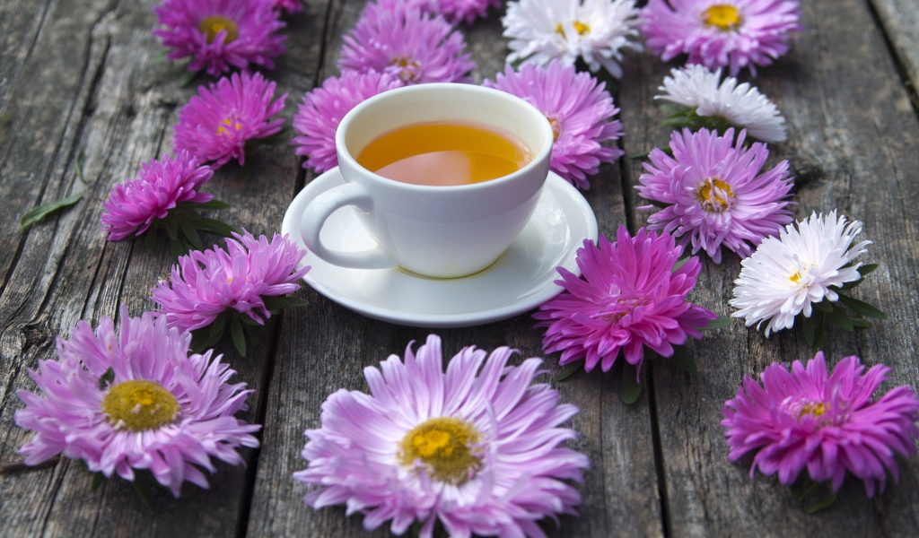 Белая чашка чая на столе с астрами