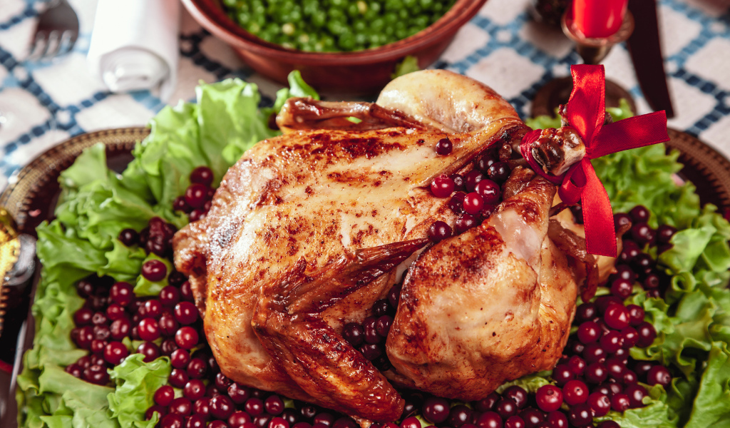 Запеченная курица с ягодами клюквы и листьями салата
