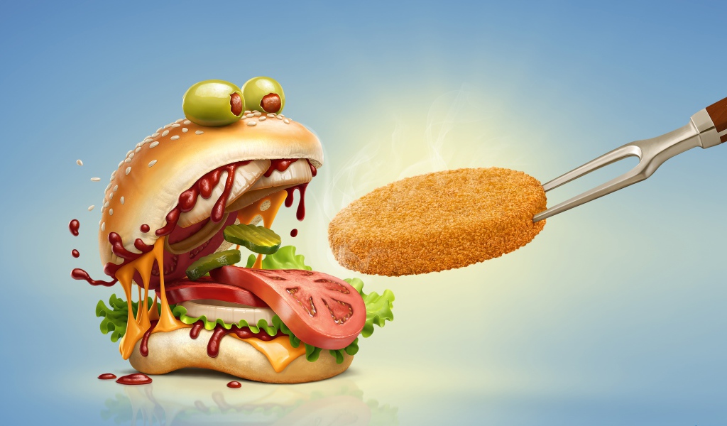 Смешной гамбургер кормят котлетой