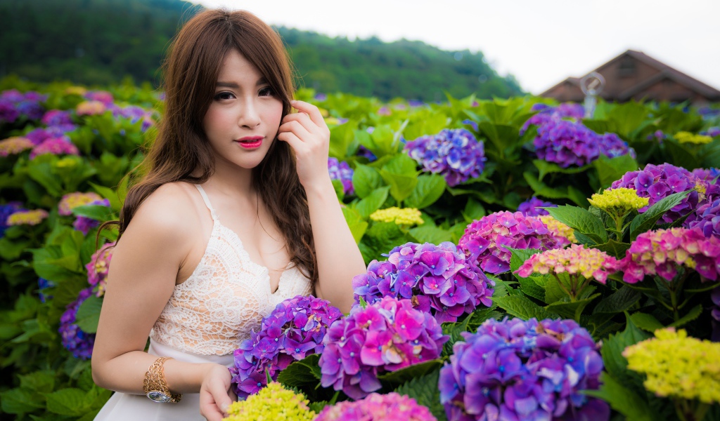 Красивая девушка азиатка с цветами гортензии  