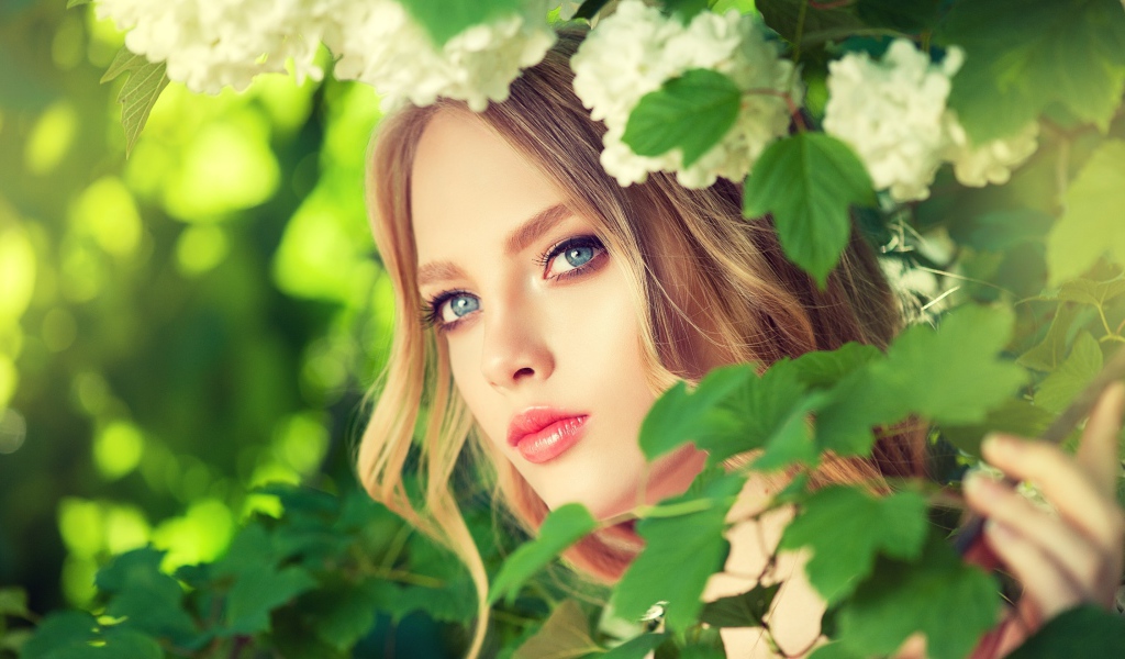 Красивая голубоглазая девушка в белых цветах 