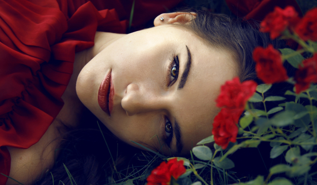 Красивая брюнетка лежит на траве с красными розами