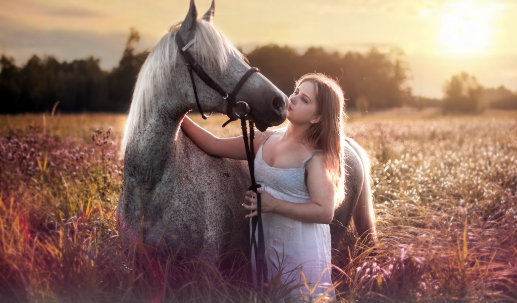 Молодая девушка с лошадью на поле