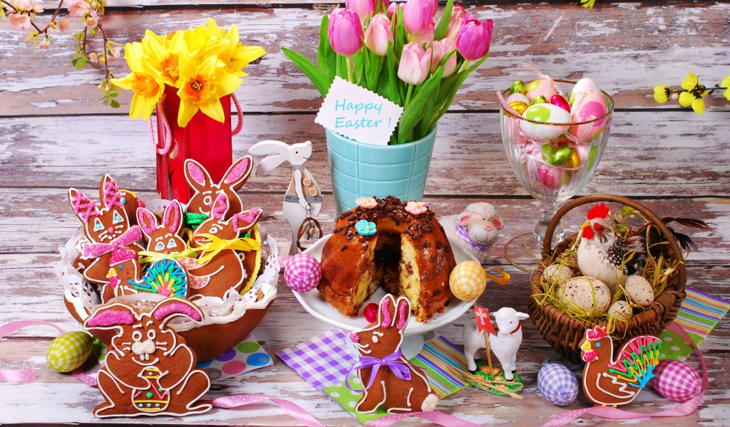 Вкусные праздничные угощения и живые цветы на праздник Пасха