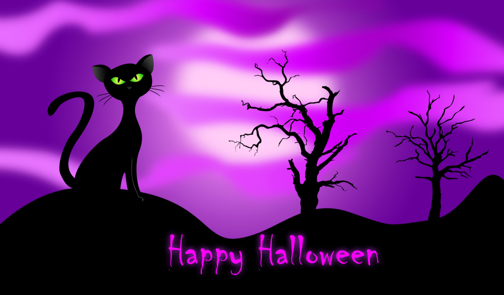 Черный кот на фиолетовом фоне на праздник Хэллоуин