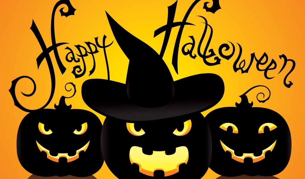 Черные тыквы в шляпах на желтом фоне к празднику Хэллоуин