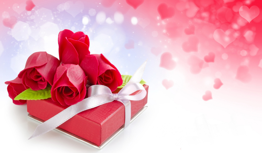 Подарок с красными розами, шаблон для открытки на День Святого Валентина 