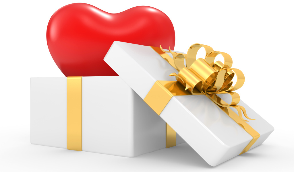 Белая подарочная коробка большим красным сердцем на белом фоне на 14 февраля