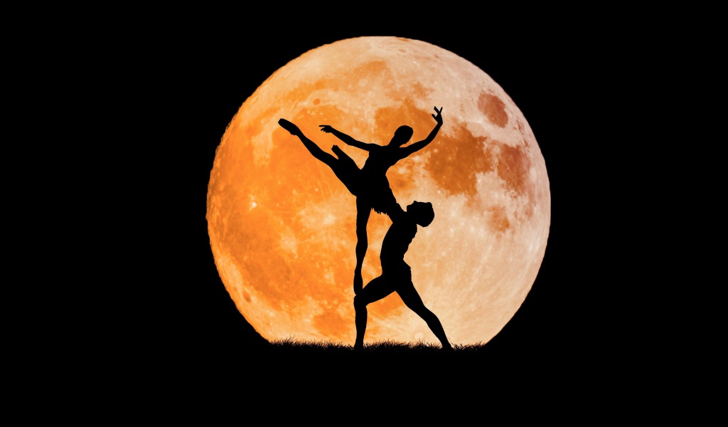 Пара танцует балет на фоне большой оранжевой луны на черном фоне