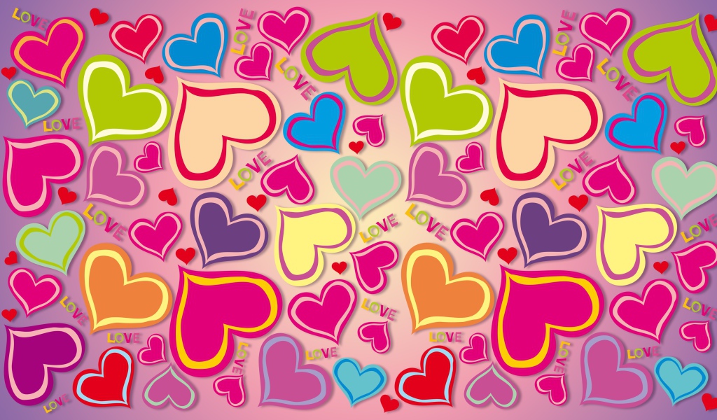 Много разноцветных сердечек на розовом фоне