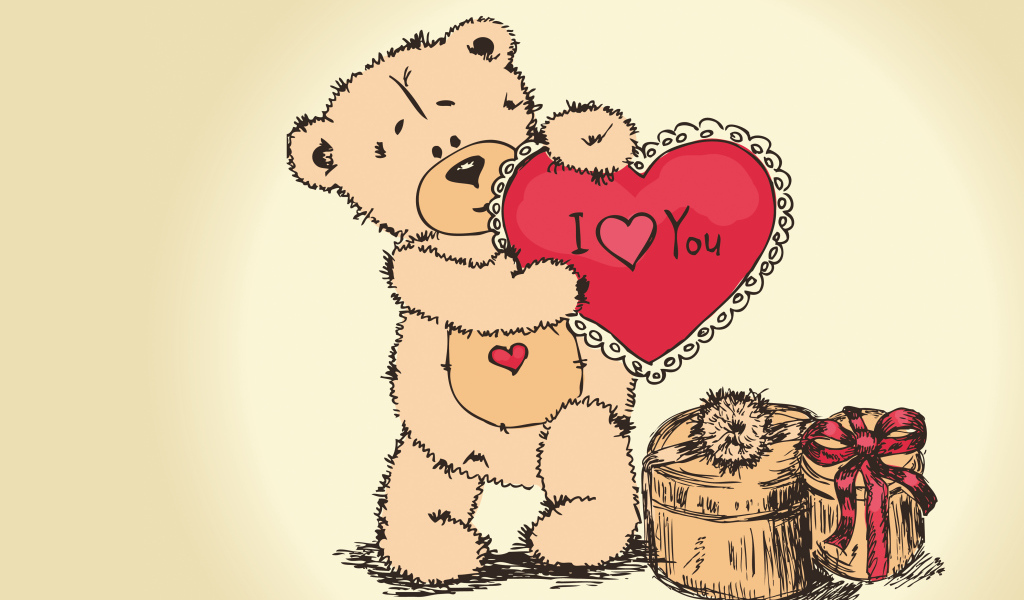 Медвежонок Тедди с сердцем в руках и подарками