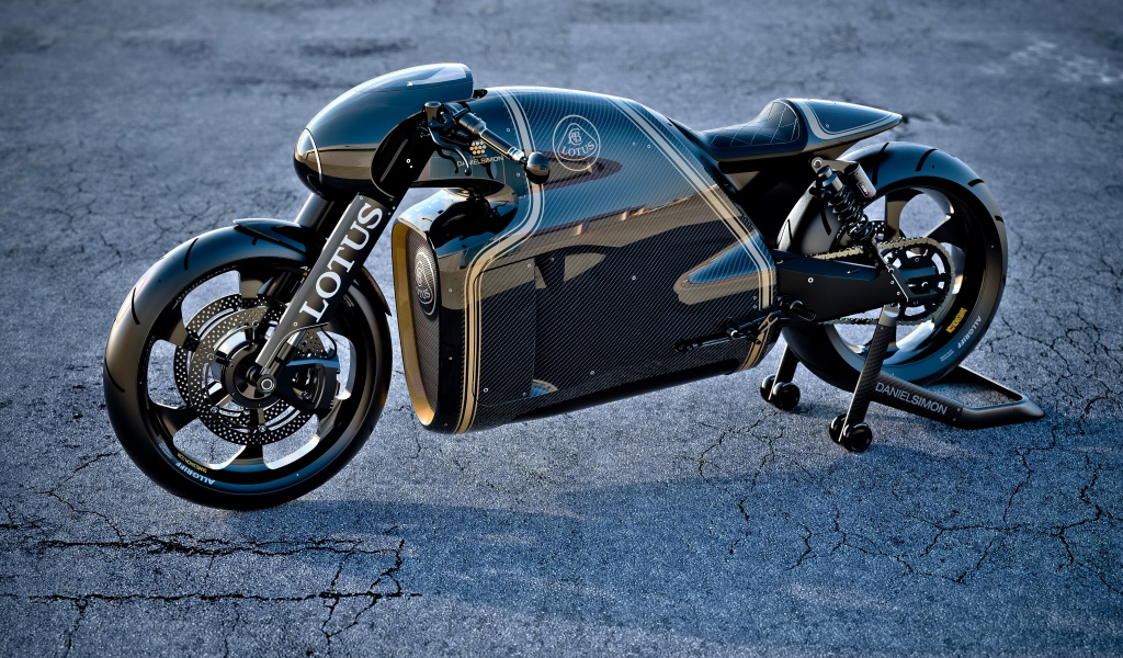 Черный мотоцикл Lotus C-01 на асфальте